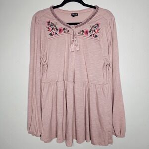 Torrid Peasant Top Women Plus 2X Embroidered Split V-Neck Long Sleeve Boho Tunic